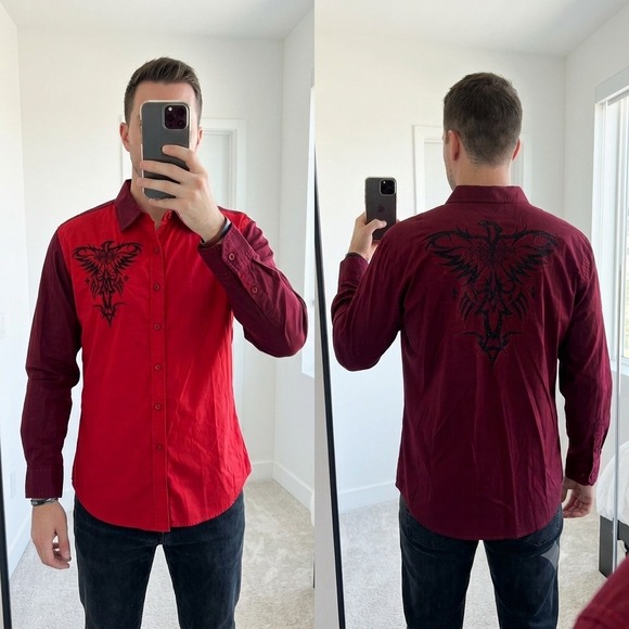 Victorious Other - Victorious‎ Men XL Red Burgundy Cyber Y2K Graphic Embroidered Button Up Shirt